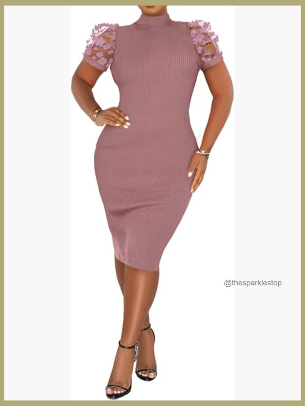 Ribbed Bodycon Midi Dress Lace Short Sleeve Turtle Neck Party Dress